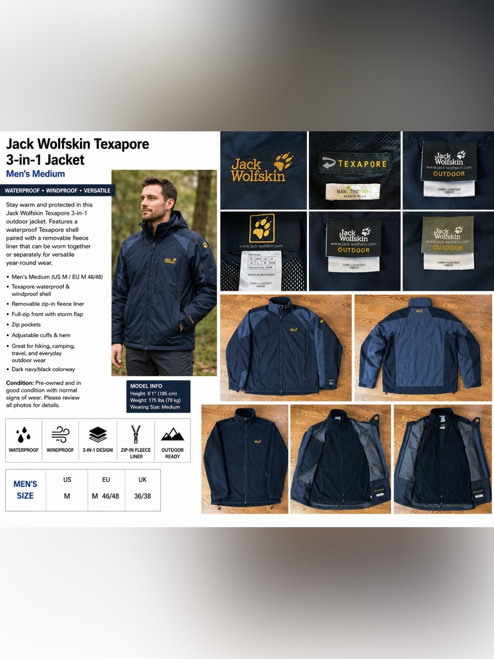 Jack Wolfskin Texapore 3-in-1 Waterproof Jacket Men’s Medium Zip-In Fleece